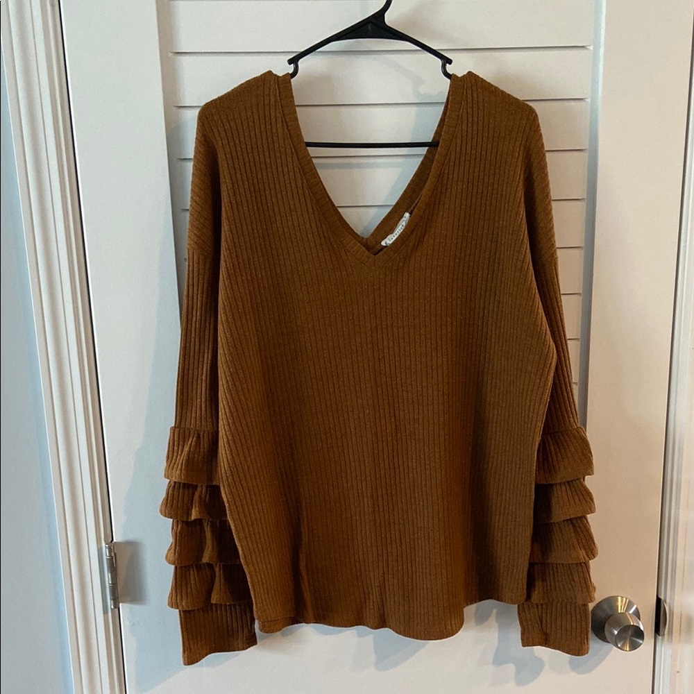 LoveRiche Orange/Brown V-Neck Sweater with Ruffled Sleeves Size Large
